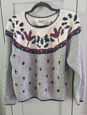 Heritage Cream, Gray & Navy Fair Isle Wool Crewneck Sweater Sz.M Ptp23 L24